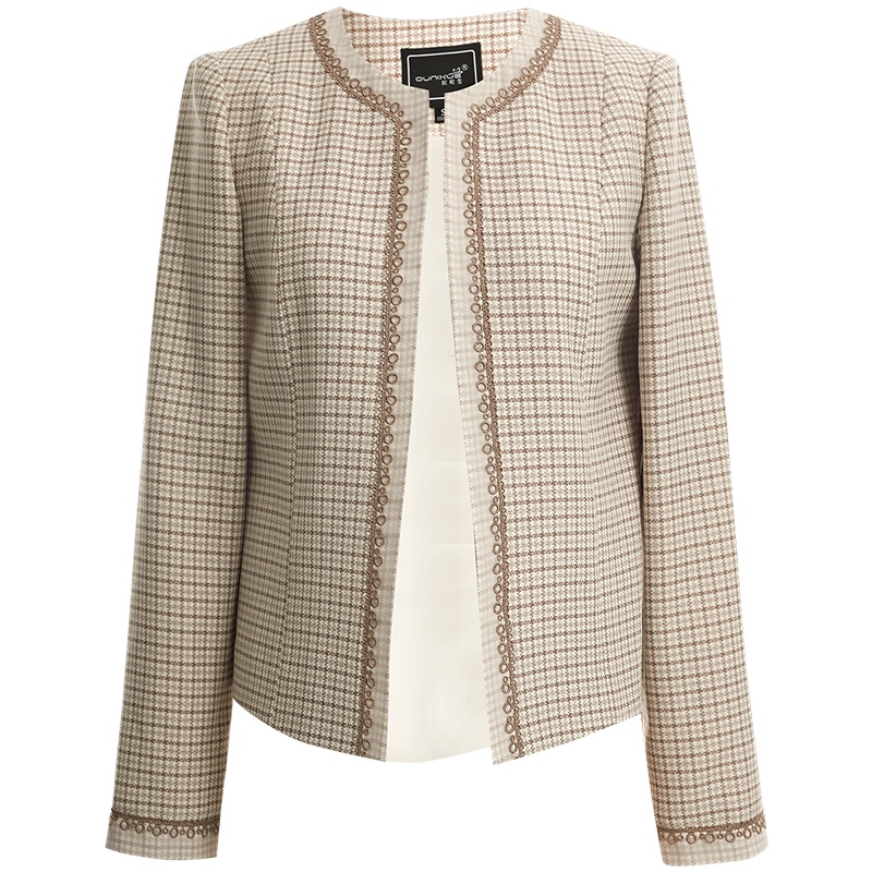 OUNIXUE欧昵雪 | [休闲格纹上衣]春秋复古优雅花边拼接轻纱直筒短外套女士