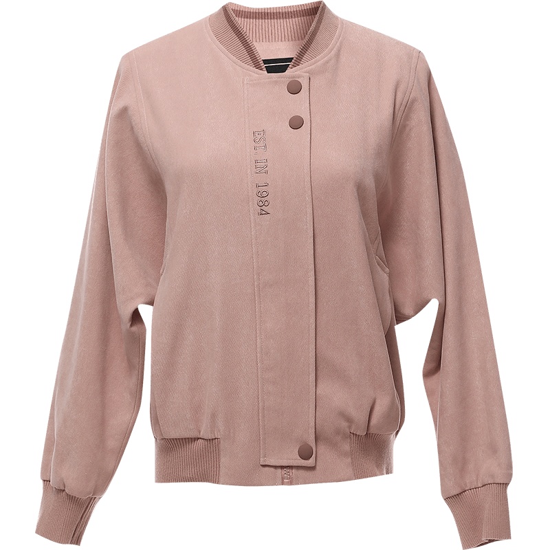 欧昵雪V领后背字母绣花短款外套女长袖夹克宽松棒球服