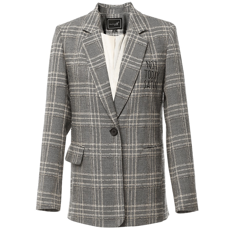 欧昵雪秋装翻领字母绣花格子西装外套女一粒扣长袖小西服