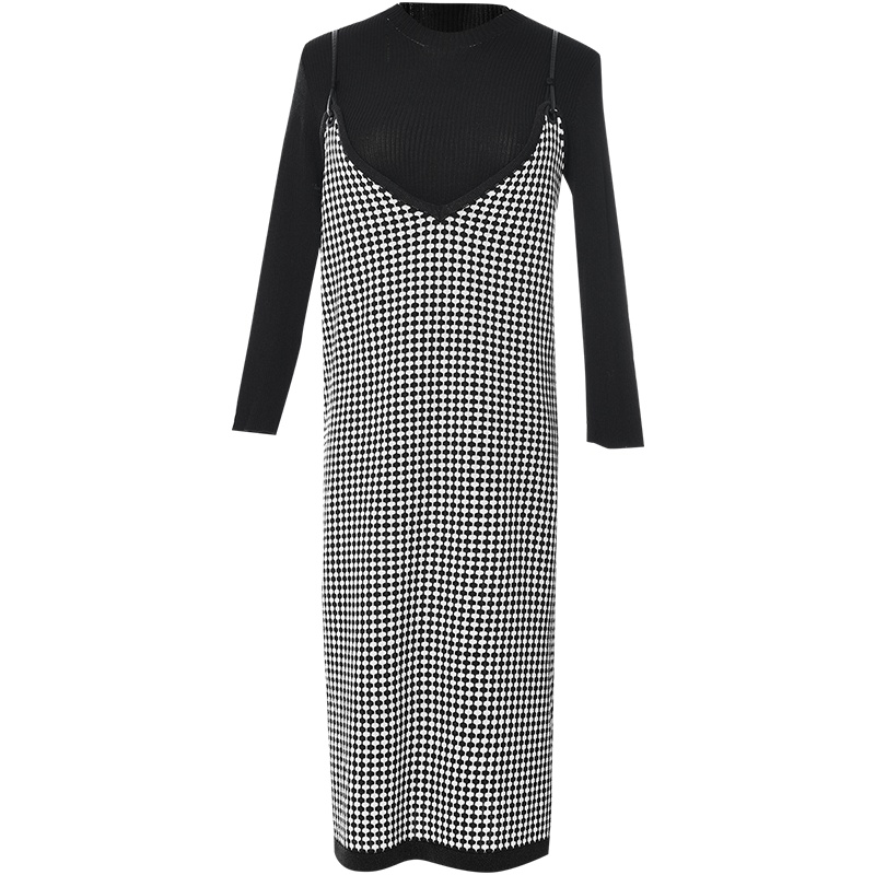 欧昵雪格子针织吊带连衣裙+七分袖立领针织衫两件套休闲职业套装