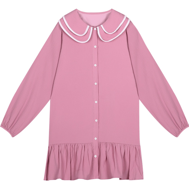 小清新韩版连衣裙减龄洋气2019新款娃娃领粉色中长款衬衫裙子女秋