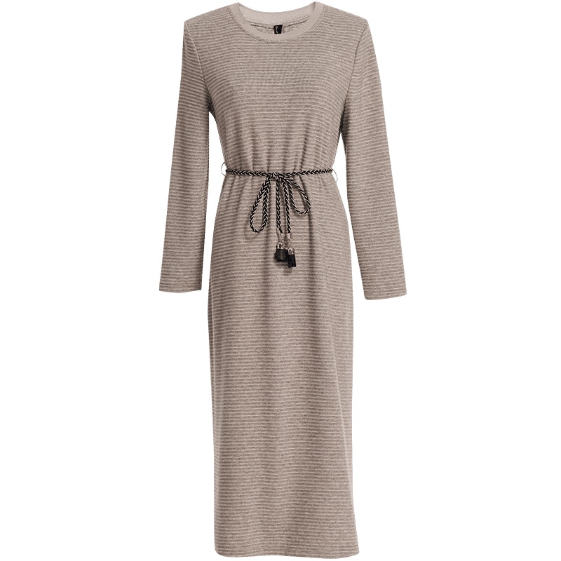 欧昵雪秋冬季系带高腰过膝针织连衣裙女长袖圆领打底毛衣裙子