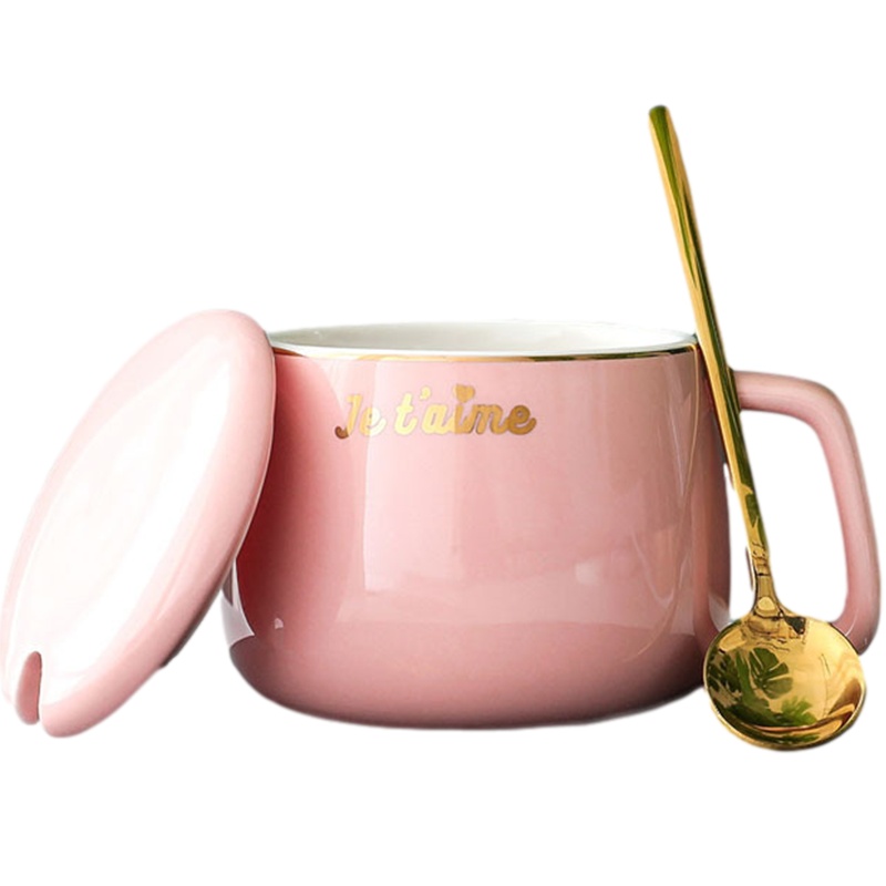 贝瑟斯 陶瓷马克杯带盖勺平底大肚杯办公室牛奶咖啡杯