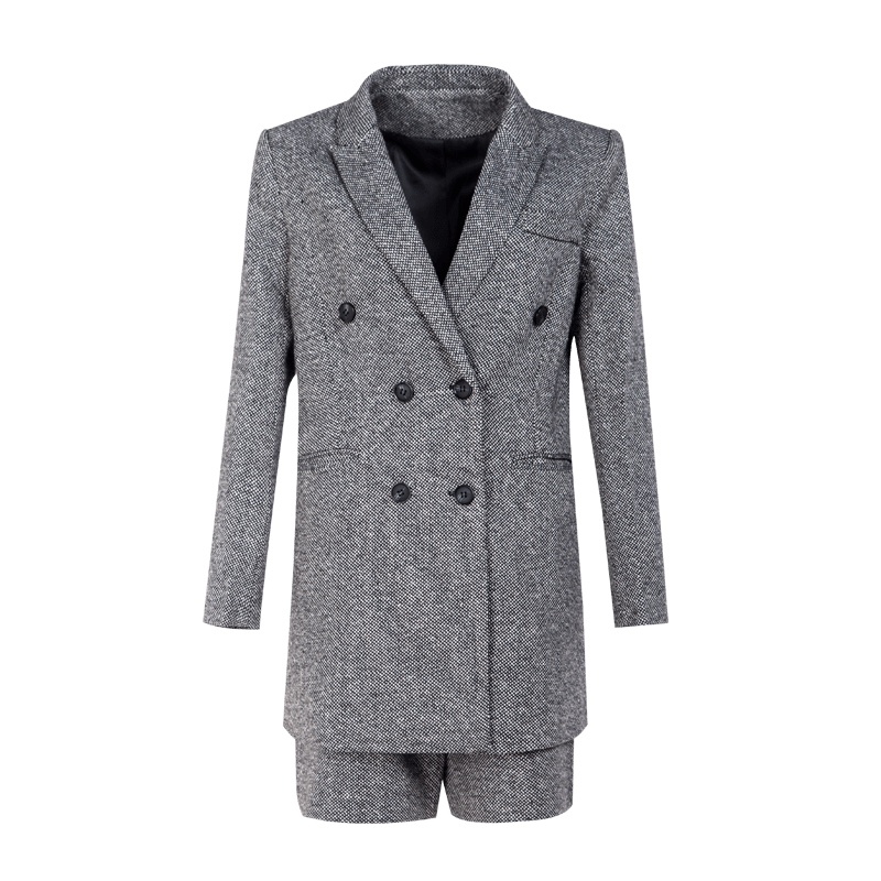 晚白冬装女装新款翻领长袖西装上衣配靴短裤两件套职业羊毛呢套装