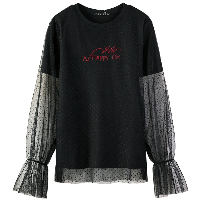 Semir森马长袖T恤女2019春秋新款蕾丝拼接喇叭袖设计感字母印花打底衫