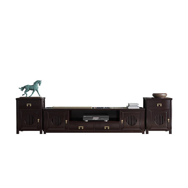 月影梳桐新中式实木电视柜雕花大容量储物落地柜子组合中式黑檀色家具
