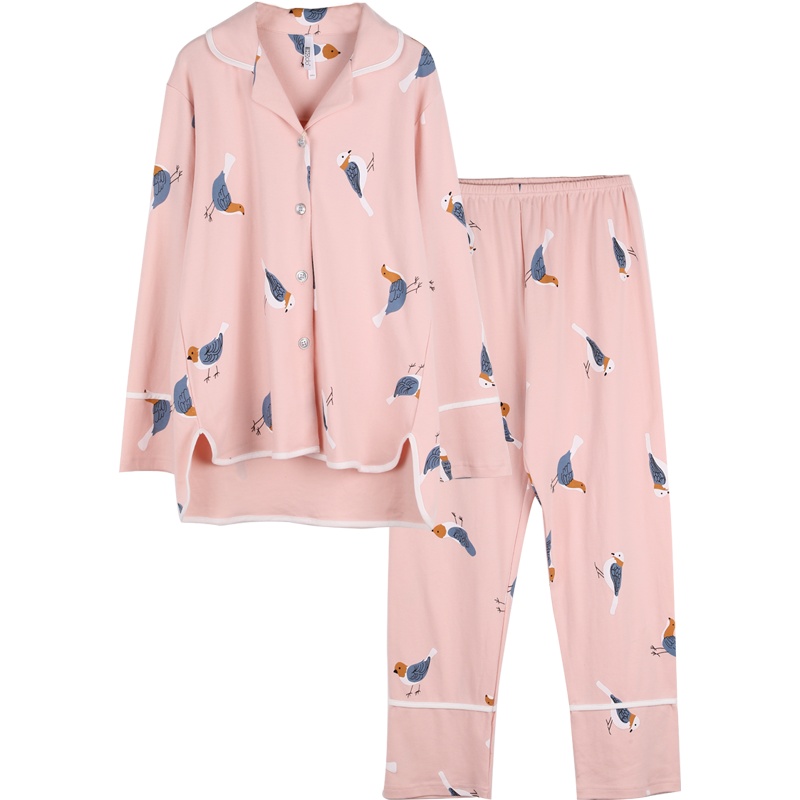 红豆居家(Hodohome)春夏款女式长袖翻领家居服女士纯棉可爱小鸟印花睡衣套装
