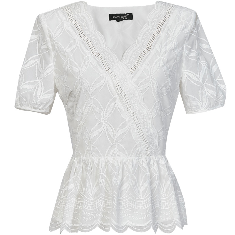 欧昵雪夏不对称V领波浪边收腰显瘦短袖雪纺衫上衣女短款