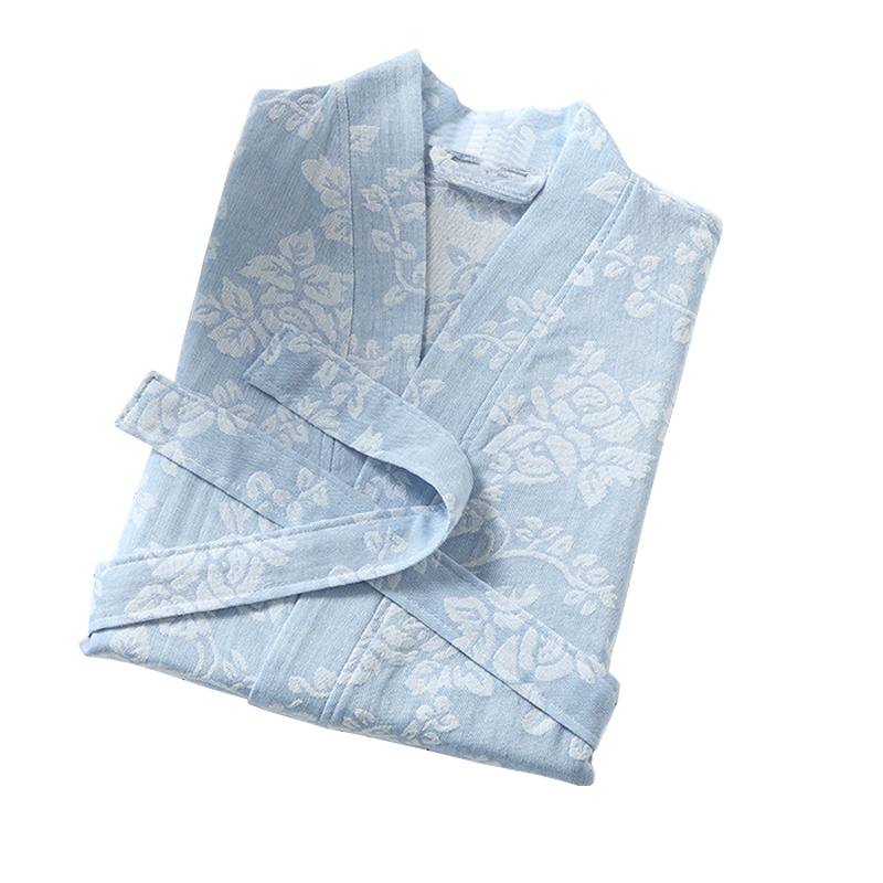 一百 纯棉纱布提花浴袍吸水浴衣女长款双层薄睡袍汗蒸服