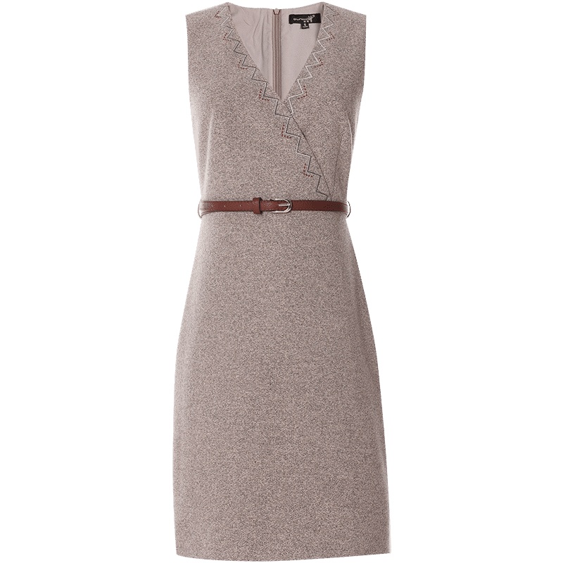 欧昵雪秋冬V领绣花收腰无袖毛呢连衣裙女修身显瘦背心裙