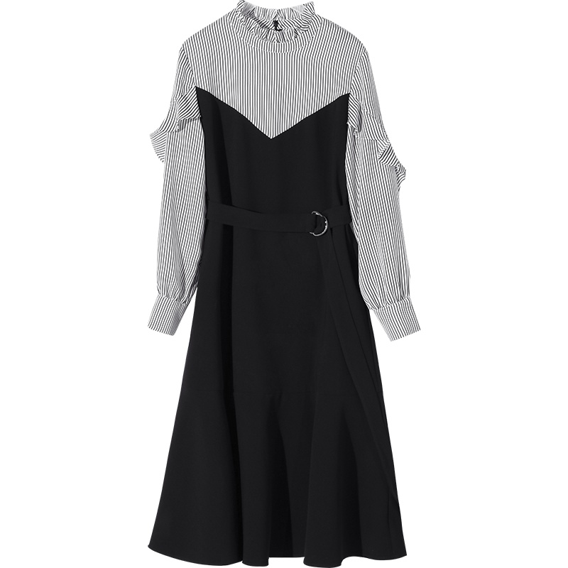 娅丽达女装2019秋季新款雪纺连衣裙长裙衬衫袖高腰纯色韩版A字裙I7321