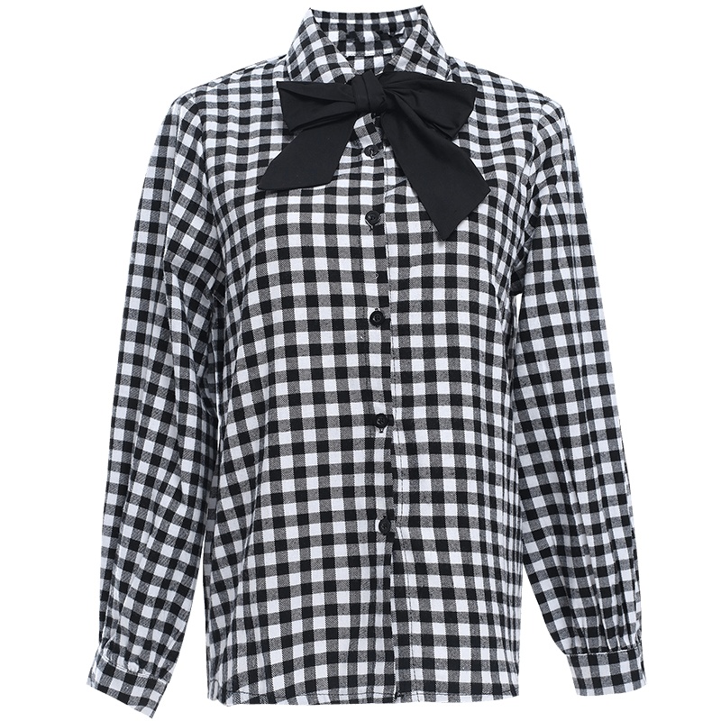 欧昵雪Polo领蝴蝶结格子衬衫上衣女复古长袖显瘦衬衣