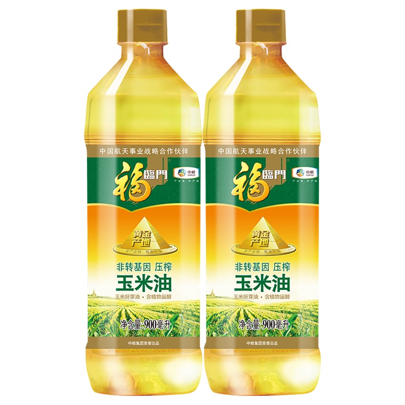 中粮福临门 食用油 黄金产地 非转基因 压榨一级 玉米油900ml*2瓶