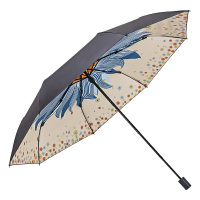 天堂伞 三折全遮光黑胶插画晴雨伞防紫外线太阳伞遮阳伞55cm*8骨 619E望日莲 米色