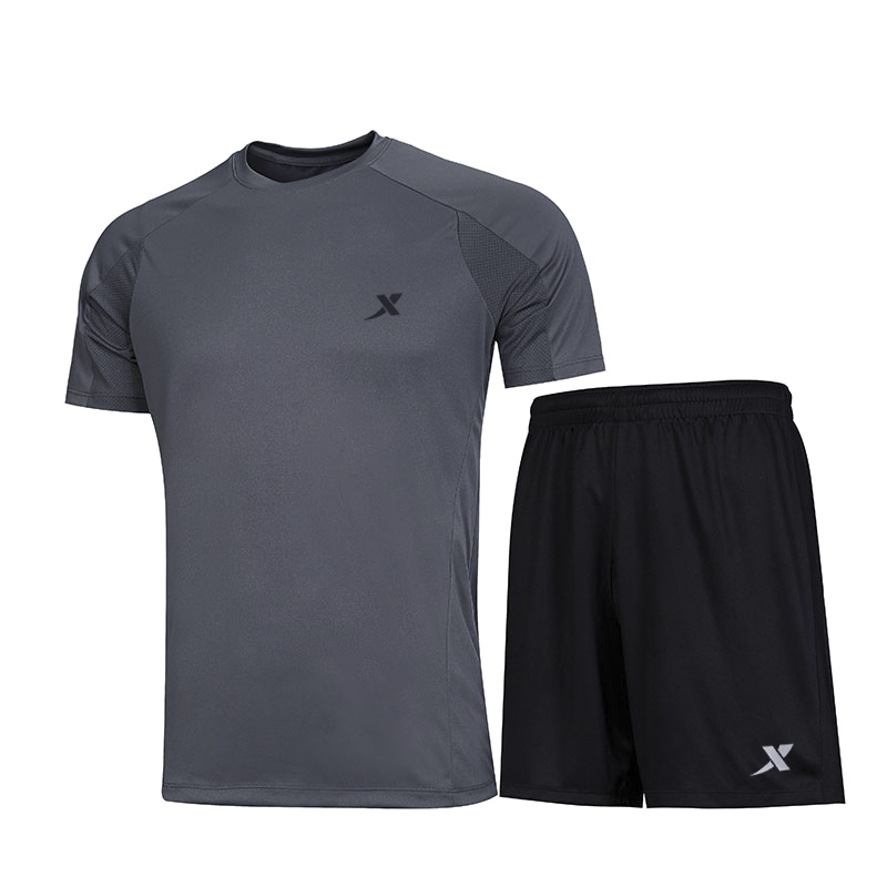 特步运动套装男装两件套2022夏季新款透气速干T恤跑步服健身房训练短袖短裤运动T恤运动裤运动服套装