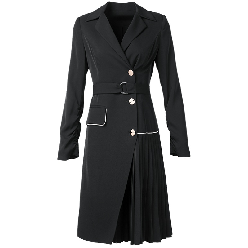 晚白2021春季新品职业淑女修身显瘦纯色高腰西装裙百褶连衣裙女