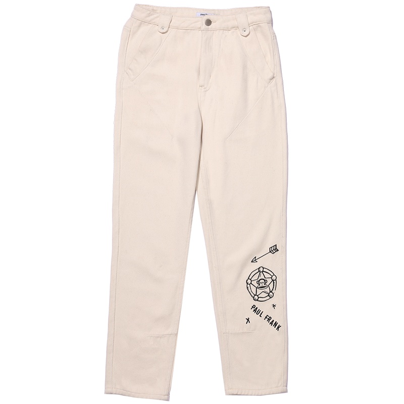 大嘴猴裤子女初秋新款牛仔裤女装韩版印花九分裤 S 米白