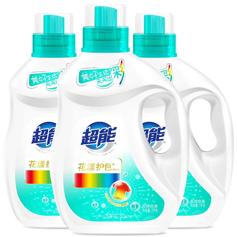 超能花漾护色洗衣液1kg*2+2kg*2生物护色无磷防串色多重天然酵素瓦解顽渍易漂无残留