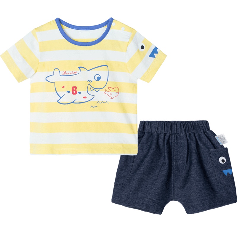 贝贝怡男童短袖套装夏季宝宝纯棉上衣牛仔短裤192T328