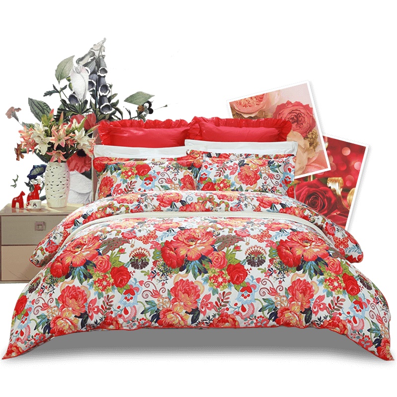 富安娜(FUANNA)家纺纯棉四件套1.5米单双人全棉床品套件1.8米田园风床上用品床单被套