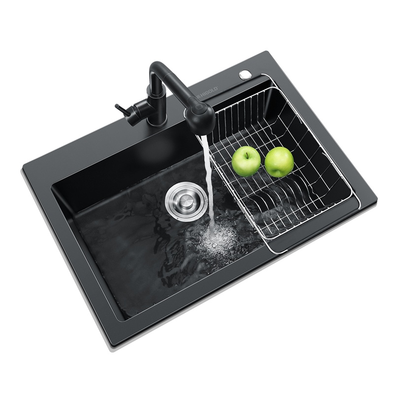 悍高厨房石英石水槽黑色大单槽洗菜池洗碗盆台上台下盆沥水篮套餐