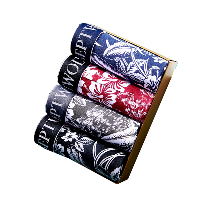 七匹狼 4条装明筋印花舒适棉氨中腰平角裤男士内裤男