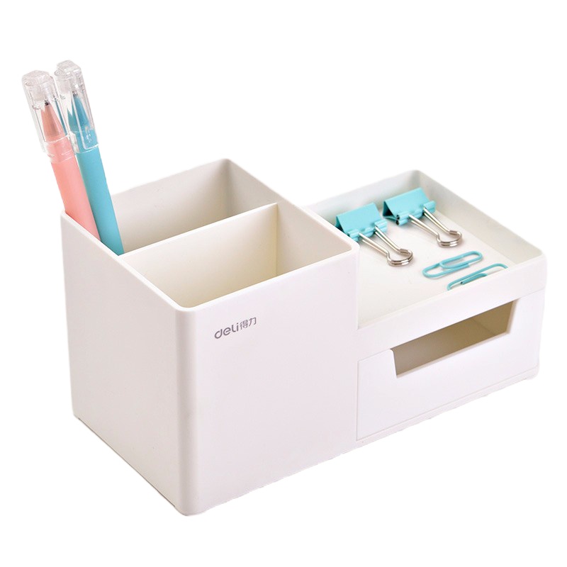 得力(deli)笔筒多功能韩国小清新可爱收纳盒多隔收纳整理盒简约大容量笔桶办公学生用品 白色