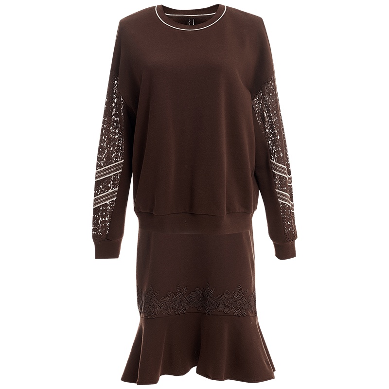 欧昵雪圆领蕾丝长袖纯棉卫衣女高腰鱼尾半身裙两件套