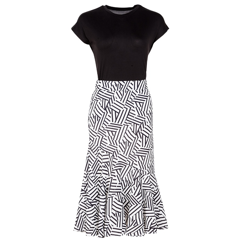 晩白 新品纯色圆领短袖T恤衫条纹高腰鱼尾摆半身裙套装