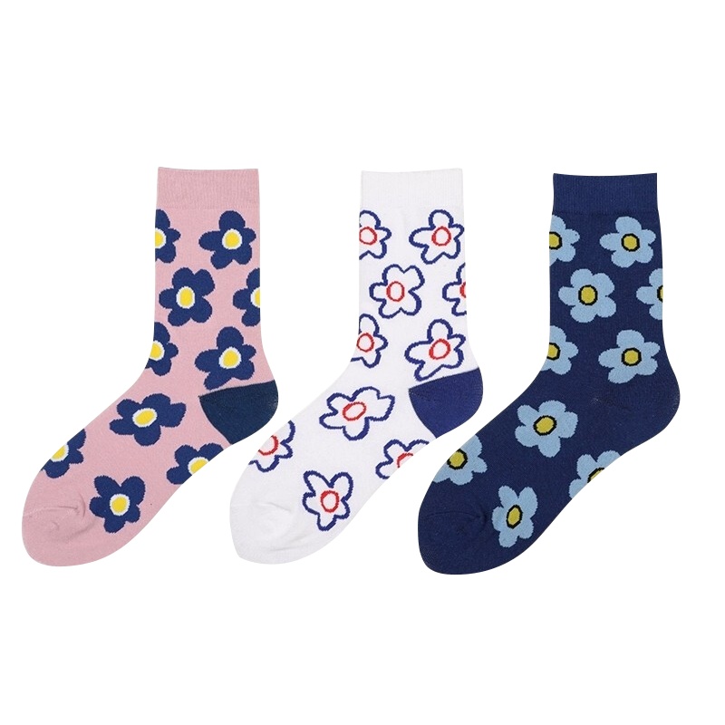 【顺丰配送】【5双装】堆堆袜女复古小花朵女士中筒袜子日系可爱甜美学生袜韩版ins秋冬款潮袜 泫雅小花-5双