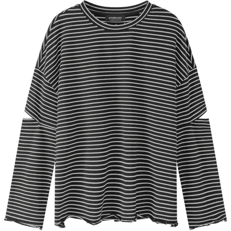 OtherMix条纹破洞T恤女2021年早秋长袖宽松韩版圆领上衣薄款卫衣