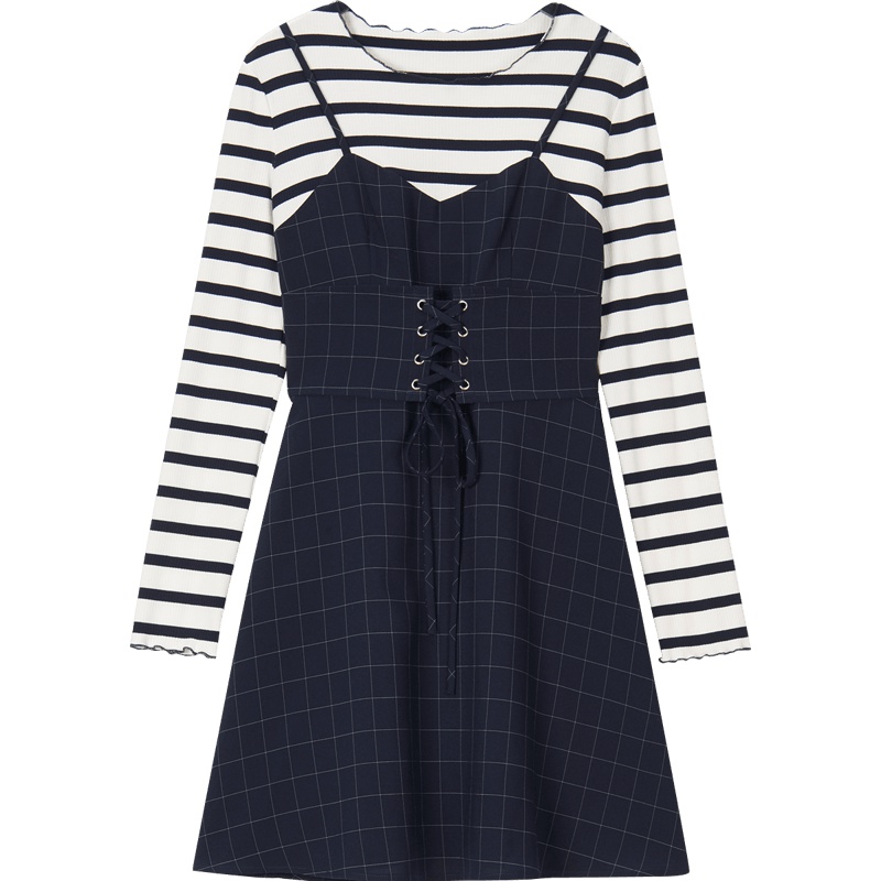 爱居兔春装2019女装简约学院风藏青长袖连衣裙