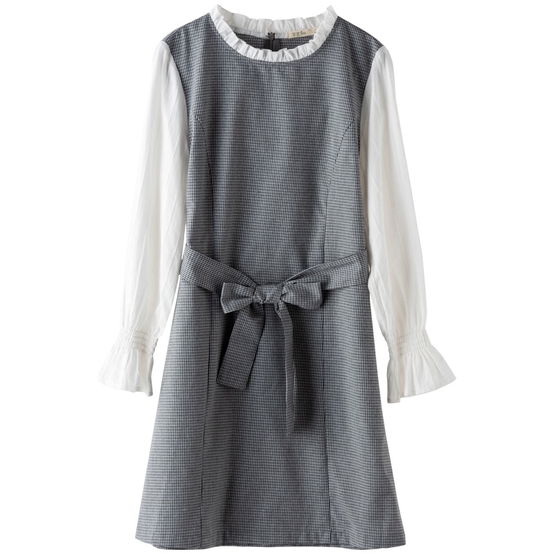 芊艺气质淑女假两件连衣裙女秋装2019新款韩版显瘦荷叶袖中长裙10784