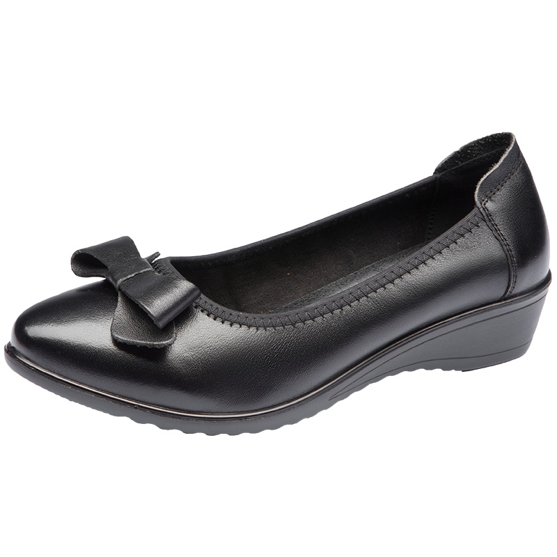 红蜻蜓女鞋春季新款头层牛皮坡跟单鞋女平底工作鞋软底舒适妈妈鞋皮鞋