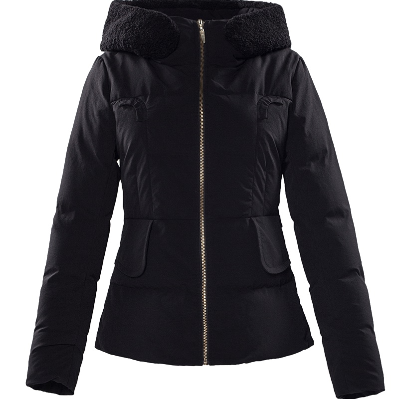 艾莱依2017冬拼接时尚连帽羽绒服女保暖潮12127-FDAA