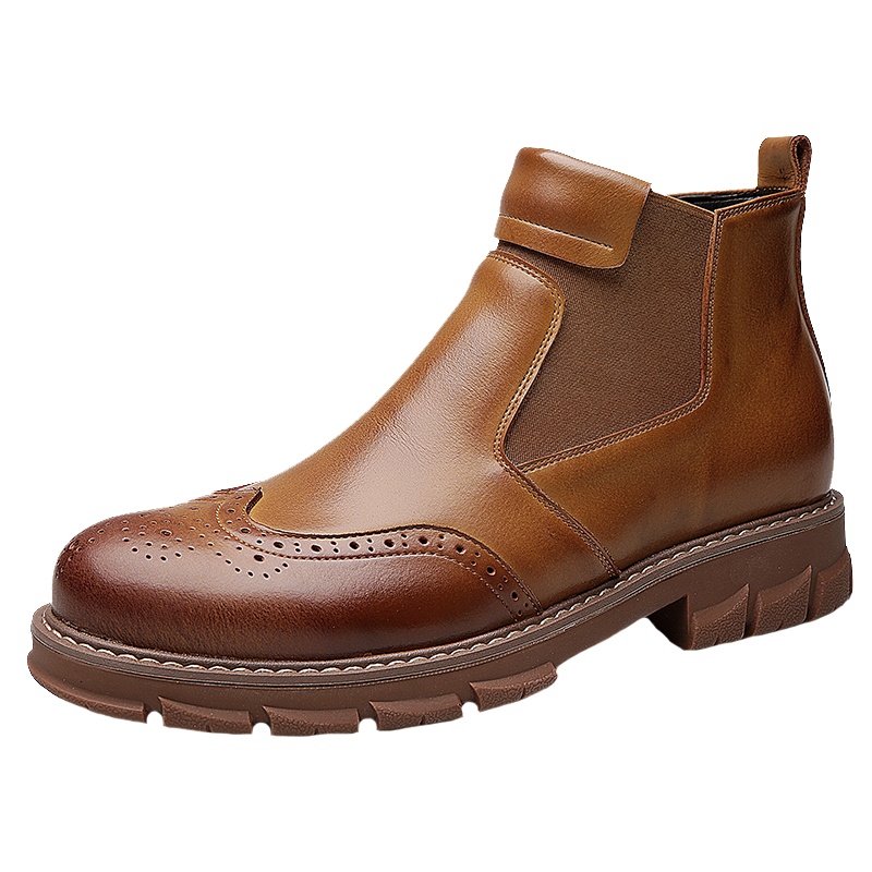 牧伦奴仕(MULUNUSHI)新款切尔西皮鞋男士马丁靴布洛克皮鞋男套脚二层牛皮(除牛反绒)四季休闲鞋男短靴潮棕12630