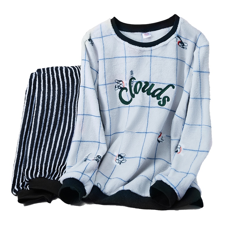 enk秋冬季珊瑚绒睡衣长袖套头法兰绒甜美可爱女士家居服