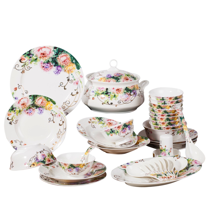 富昱景 餐具套装56头国产景德镇陶瓷中式骨瓷碗碟盘套装 繁华似锦