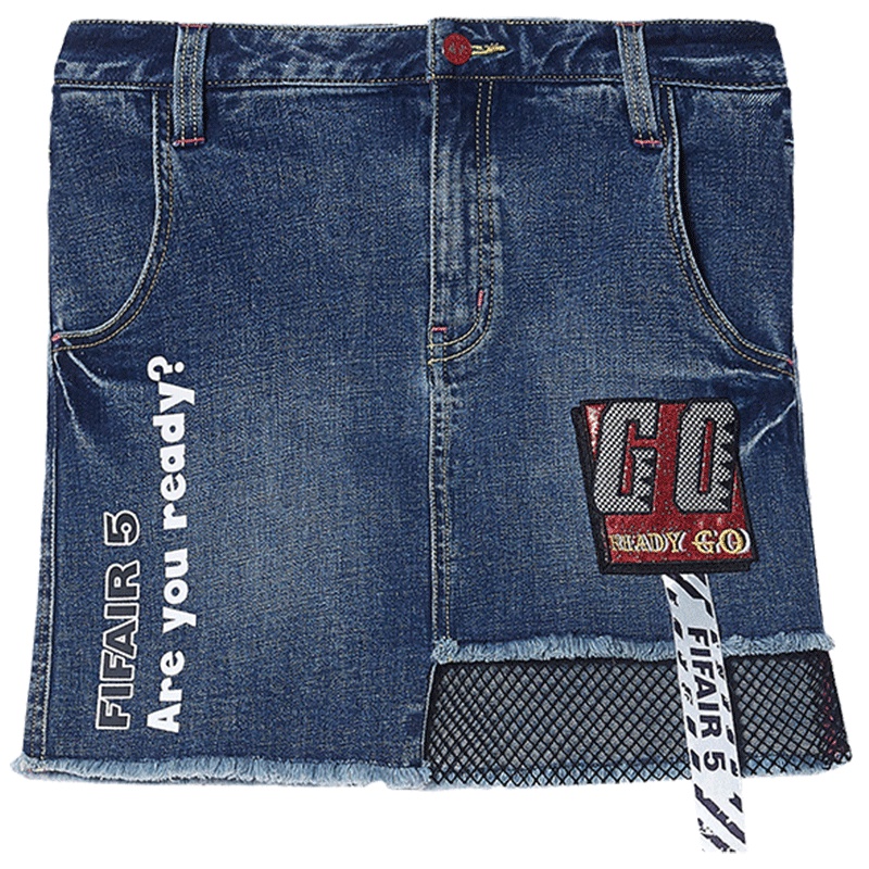 马克华菲女装2019春新机车街头潮流印花织带字母牛仔短裙