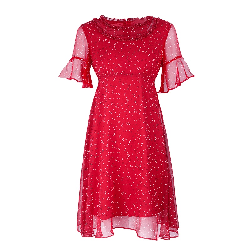 晩白 新品优雅印花圆领喇叭袖显瘦中长款A字雪纺连衣裙