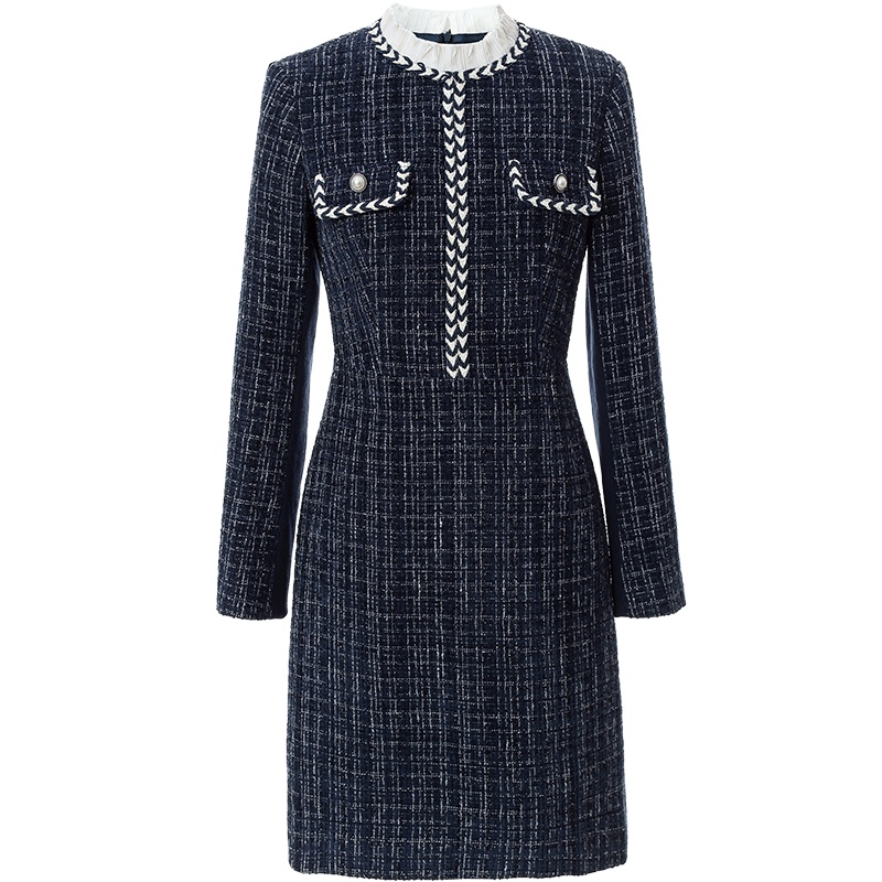 OUNIXUE欧昵雪 | [挺括雪尔呢粗纺裙子]秋冬季圆领花边织带拼接修身连衣裙女