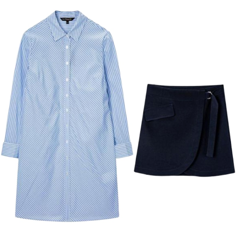 【专柜同款】拉夏贝尔女秋冬新款韩版宽松时尚套装条纹衬衫短裙两件套10019405