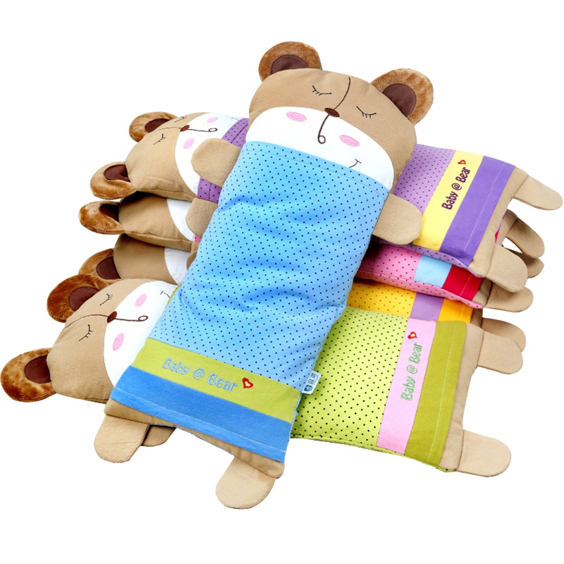 双漫熊宝宝儿童枕头0-1-3-6岁婴儿卡通荞麦壳或珍珠棉枕头幼儿园加长四季枕