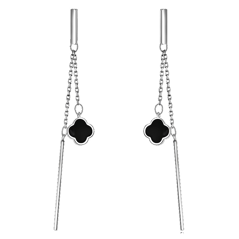 佰色传情(BRIR) 经典百搭黑色四叶草S925银耳环银耳线