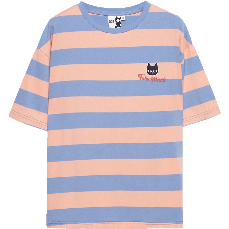 a02新款2020甜美小黑印花上衣夏撞色条纹短袖T恤女DVV2D0151KT