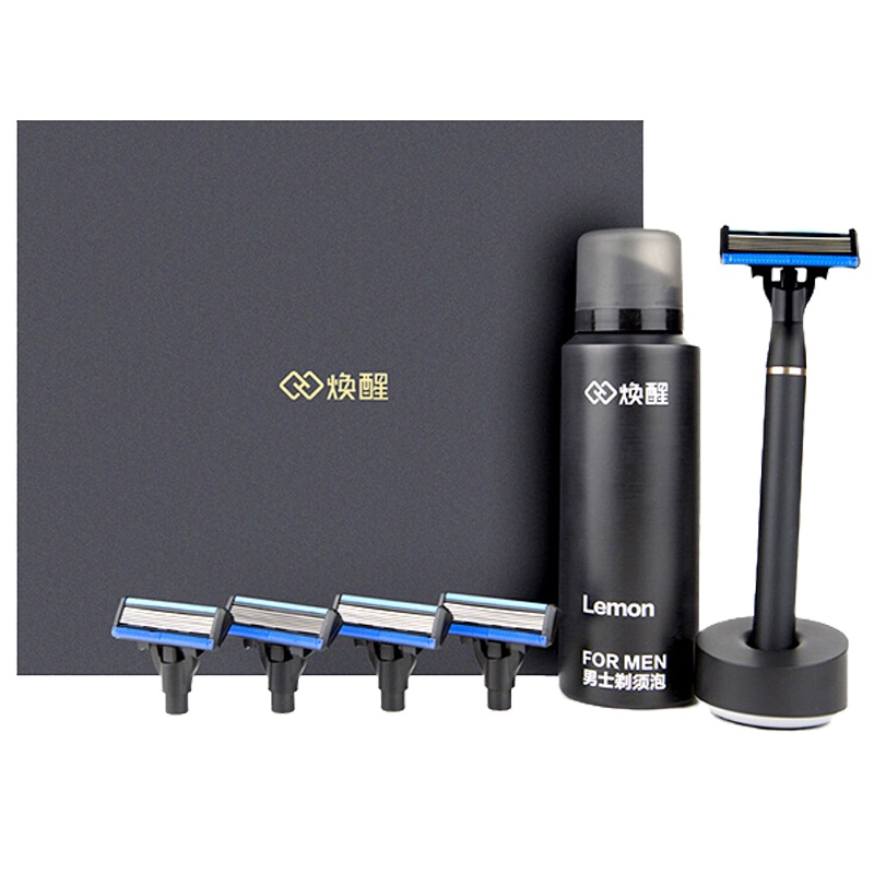小米有品 焕醒 手动刮胡刀 德国6层剃须刀片 8件套礼盒装H600(1刀架5刀头1剃须泡1底座)