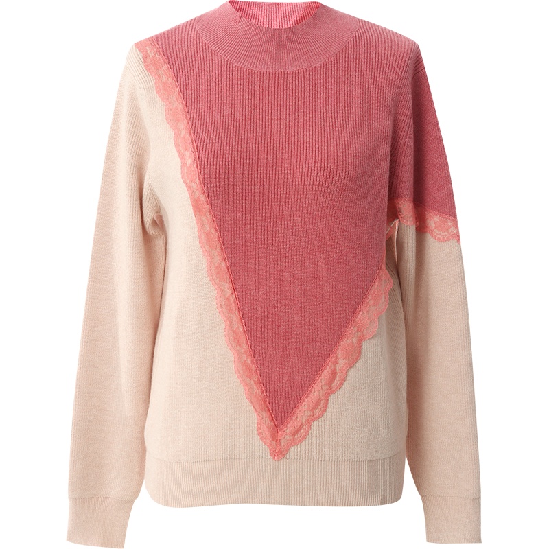 OUNIXUE欧昵雪 | [不规则撞色混纺针织衫]冬季浪漫半高领镂空花边拼接毛衣女