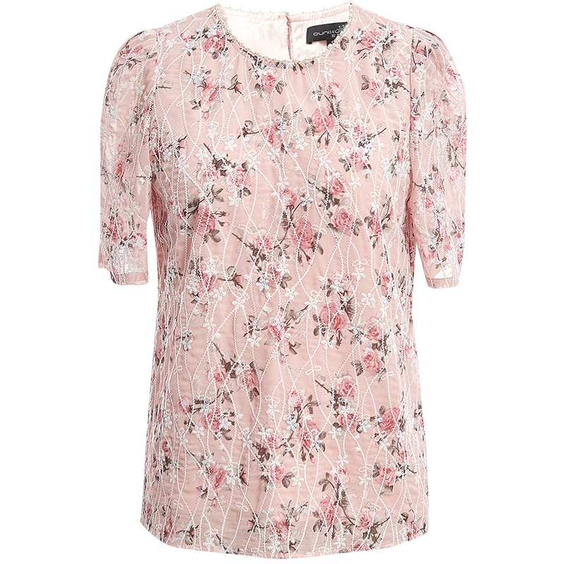 欧昵雪夏装甜美圆领印花雪纺衫女设计感显瘦泡泡短袖上衣