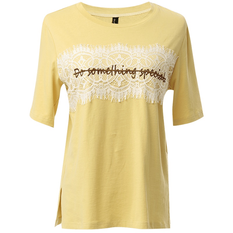 欧昵雪夏季圆领拼接蕾丝字母绣花纯棉短袖T恤女宽松上衣