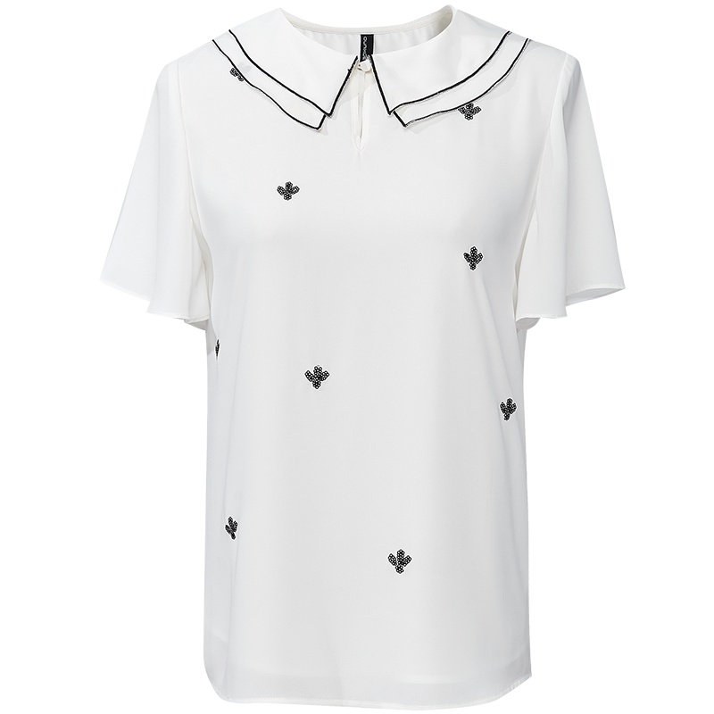 欧昵雪夏季撞色翻领飞飞袖直筒雪纺衫女珠片绣短袖上衣